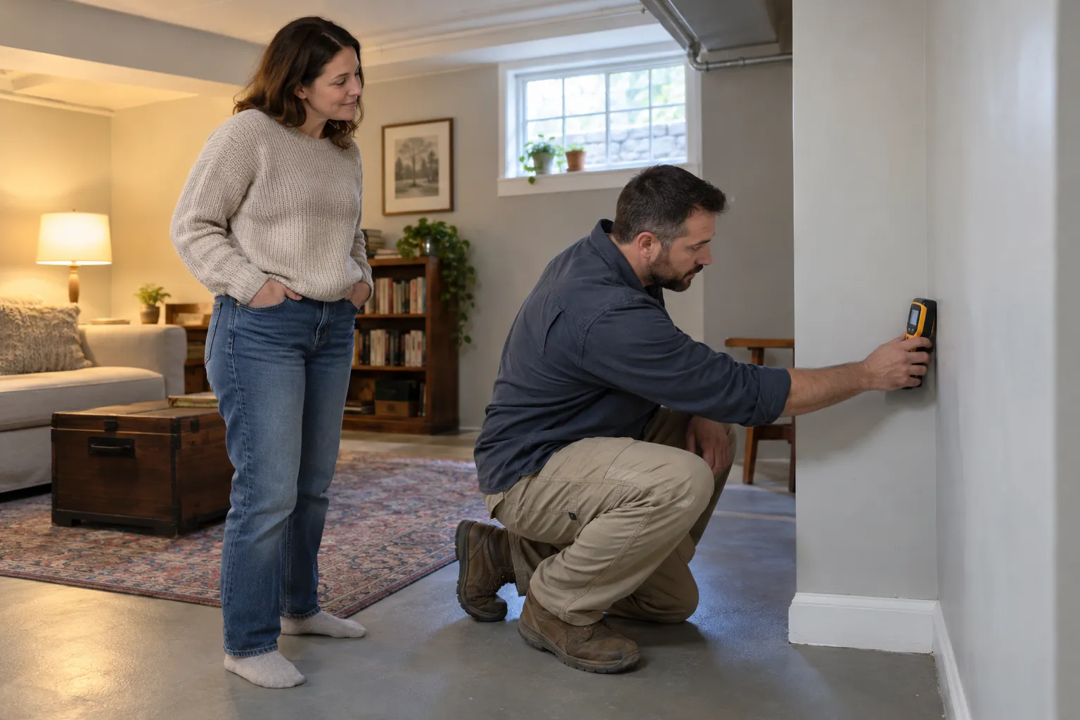 A homeowner and a mold provider reviewing a basement wall together near Chicago