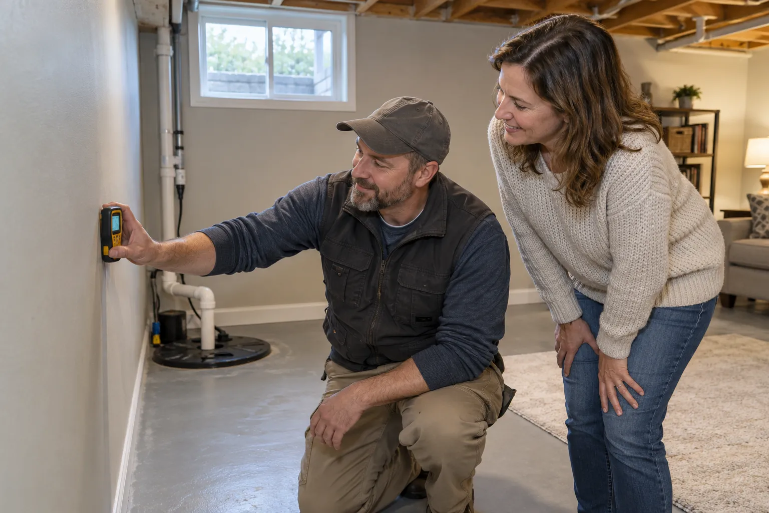A local provider checking a basement wall for moisture in a home near Chicago